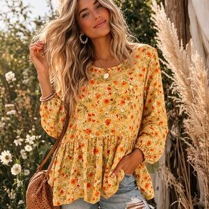 Orange Creek Yellow Floral Babydoll Peplum Blouse Boho Cottagecore S